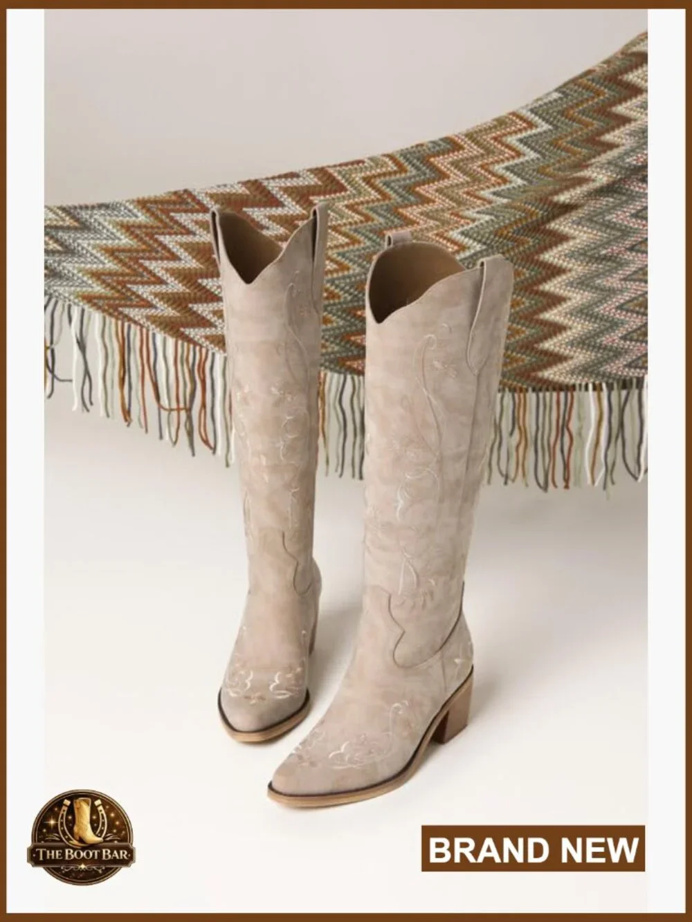 Knee High Western Boots Floral Embroidered Pointed Toe Chunky Heel Pull On - Picture 4 of 7